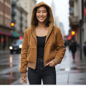 UGG Suede Leather and Faux Fur Lined Hooded Bomber Jacket | Size M